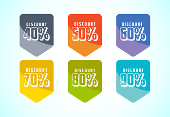 Product discount tag sticker set. Shopping discount label with 40, 50, 60, 70, 80, and 90 percent off