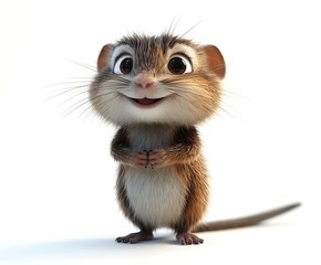 Obraz premium Adorable 3D cartoon mouse with big eyes, smiling, standing on white background.