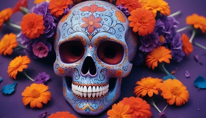 Una colorida calavera de azúcar con diseños florales, rodeada de flores de caléndula naranja sobre un fondo púrpura borroso