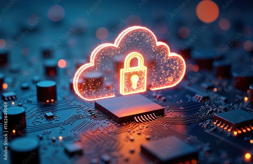 Leinwandbilder glowing cloud icon with padlock hovers over detailed circuit board. futuristic tech illustration clo