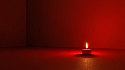 Single Burning Candle in Dark Red Room Corner