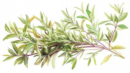 Naklejka premium Watercolor Painting of Green Herb Sprig Botanical Illustration Culinary Herbs Fresh Greenery