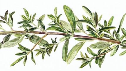 Fototapeta premium Watercolor Thyme Sprig Botanical Illustration Herbal Plant Green Leaves Nature Cooking Ingredient