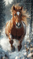 Obraz premium Majestic chestnut horse galloping through snowy forest with flowing mane under winter sky