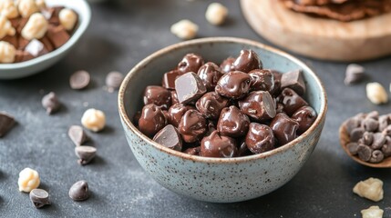 A bowl filled with chocolate treats, surrounded by scattered chocolate pieces.