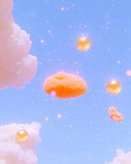 Fototapeta premium Pastel Cloudscape with Golden Spheres and Abstract Forms