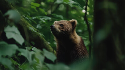 Obraz premium Brown bear explores dense forest during early morning light in a tranquil wilderness