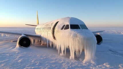 Fototapeta premium Cold conditions create icy build-up on abandoned plane in a snowy landscape at sunset