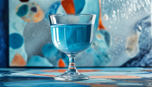 Close up of a vibrant blue cocktail in an elegant glass against an abstract blue background.  Perfect for menus, bar promotions, or summer drink concepts.
