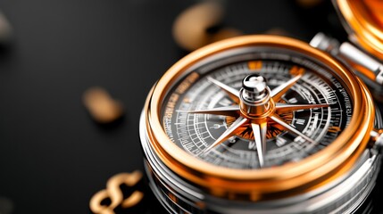 Fototapeta premium Intricate compass with orange and silver detailing resting on a black surface surrounded by small decorative elements