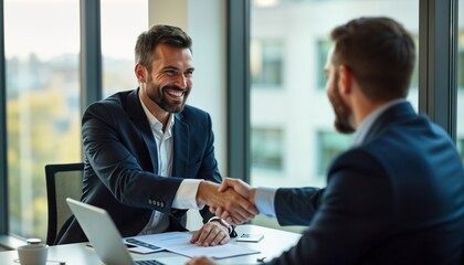 Businessmen exchange handshake. Happy salesperson, client seal deal in modern office. Successful negotiation, deal closing. Sitting in boardroom with documents. Pro business atmosphere. Agreement