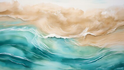 Abstract ocean wave painting in calming teal and beige.
