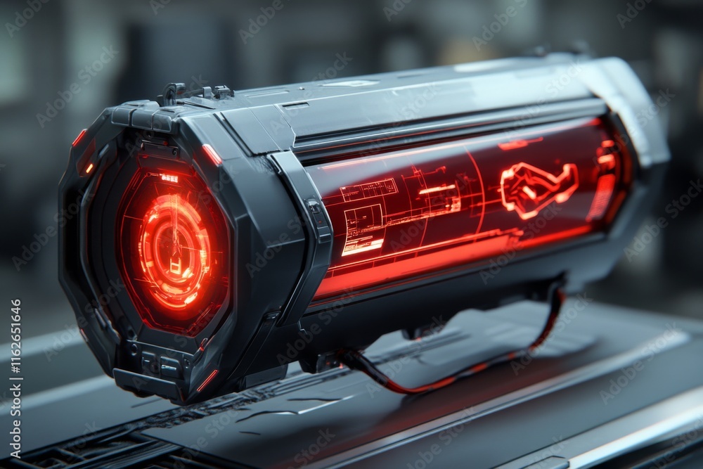Poster futuristic energy core design featuring glowing red graphics and intricate details on a sleek surfac