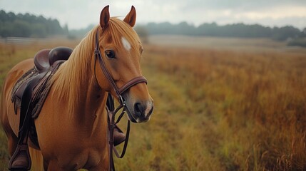 Obraz premium Brown horse with a saddle standing in the rain at a ranch with other horses in the background