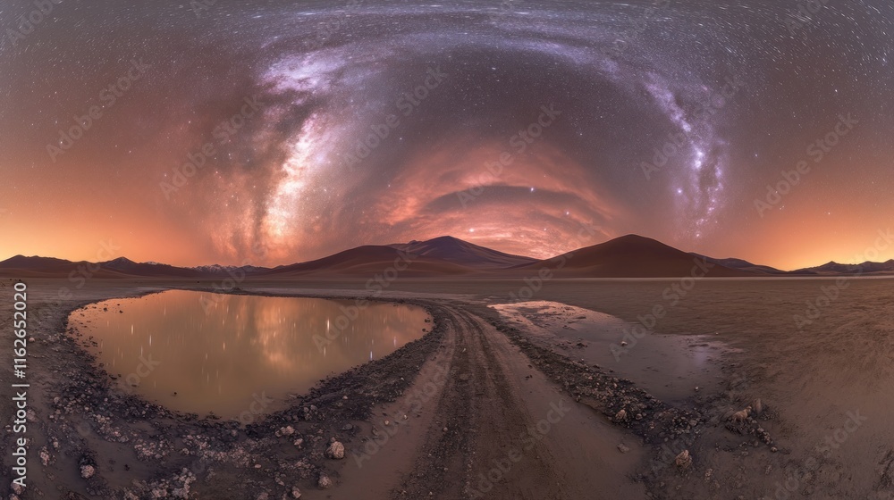 Poster a breathtaking panoramic view of the milky way over a tranquil landscape with a reflective pool.