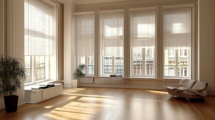 Fototapeta premium Sunlit Modern Living Room with Sheer Roller Blinds
