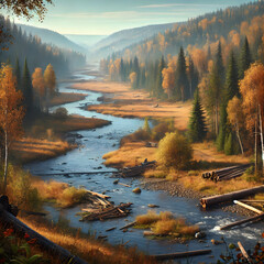 Obraz premium River flowing through autumn forest landscape with cut tree trunks