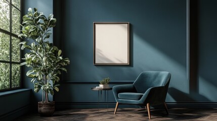 Serene Teal Interior Design: Armchair, Plant, and Blank Canvas