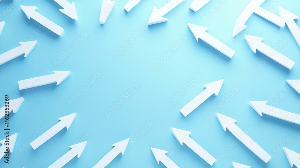 Poster multiple white arrows directing outward on a light blue background for design and creative projects
