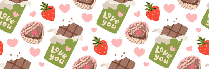 Valentine pattern with Pink box of chocolates, candies and strawberries. Festive romantic background with various sweets. Gift for your dear friend. For pastry shop, wrapping. Vector flat illustration