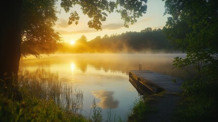 Tranquil sunrise over serene lake, mist rising, peaceful nature scenery, lush greenery, wooden pier, perfect for relaxation retreats.