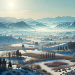 Winter sun rising over snowy valley and misty mountains