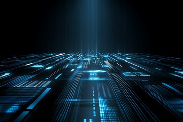Abstract digital data stream, glowing blue lines and shapes moving rapidly on dark background.