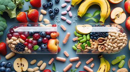 Fusion of Natural Foods and Supplements: Transparent Capsule with Fruits, Vegetables, and Pills