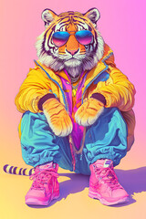 Fototapeta premium A stylized tiger wearing sunglasses and colorful clothing, sitting in a playful pose.