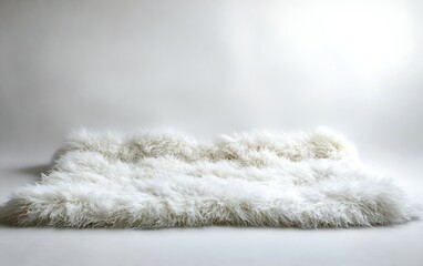 Fluffy white sheepskin rug on a white background.