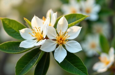 Beautiful white blossoms on orange tree in spring. Close-up view of delicate flowers with yellow stamens. Green foliage surrounds blossoming flowers. Natural beauty of citrus flora in garden. Perfect