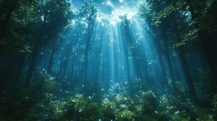 Obraz premium Morning Glow. Sunlight beams through dense green forest trees in peace