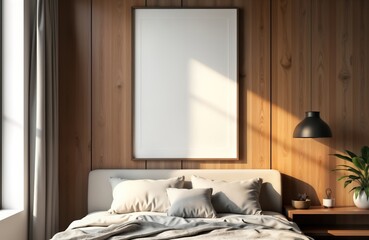 Modern loft bedroom interior features large blank poster mockup hanging over bed with soft pillows, blanket. Wooden wall panels add warmth, style. Natural light streams into room, creating cozy