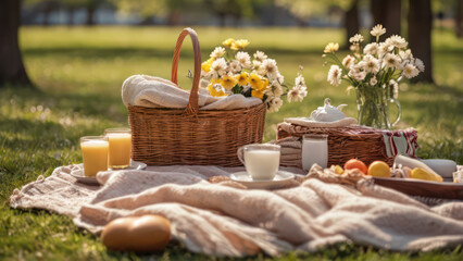 spring picnic basket with eggs and flowers