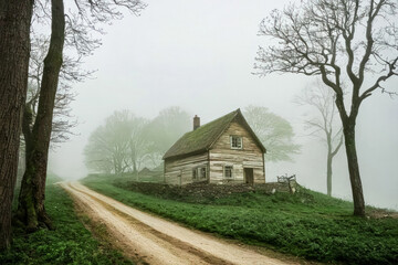 Fototapeta premium A Foggy Sunrise Over a Serene Village Landscape