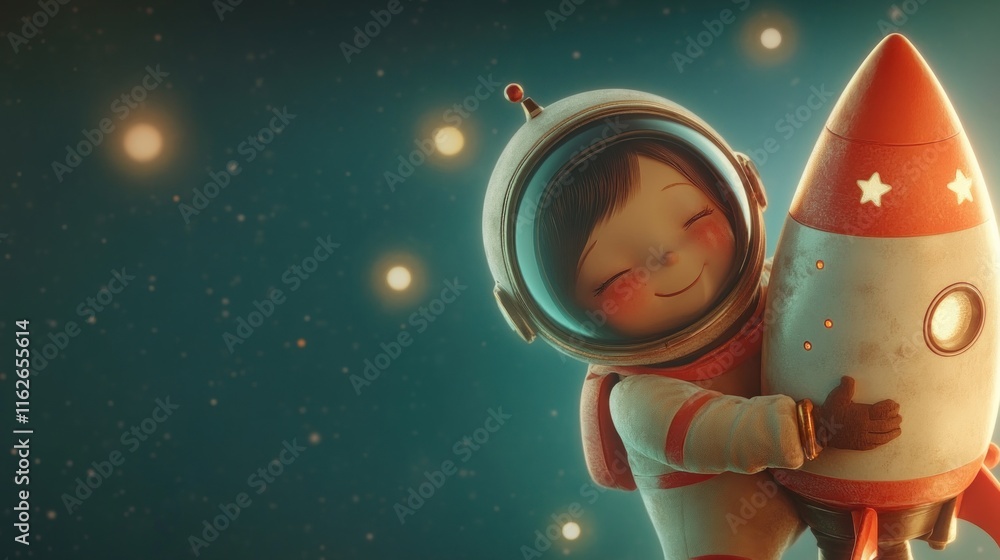 Poster A cheerful child in a spacesuit hugs a colorful rocket against a starry backdrop.