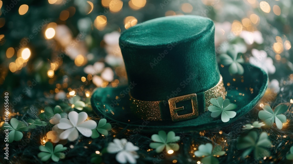 Poster green felt hat with shamrocks and soft bokeh background for st. patrick's day