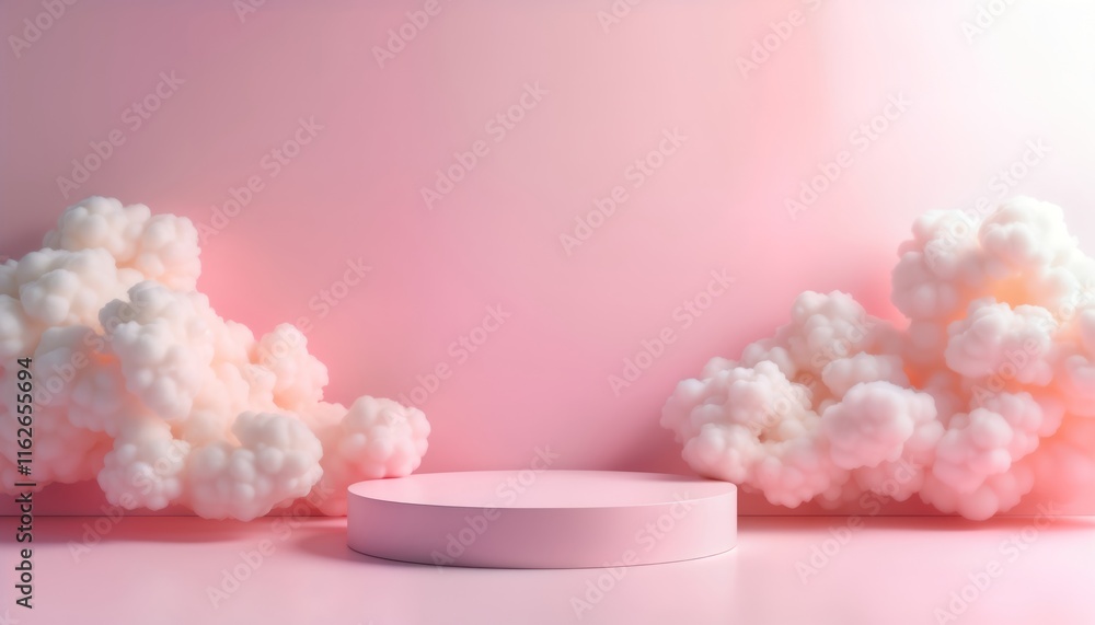 Aufkleber Pink studio setting with soft clouds. Empty round pedestal platform. Minimalist design. Dreamy beauty theme. Ideal for product display. Stylish abstract background.