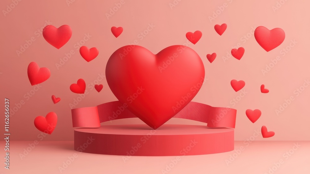 Poster 3d rendering of red heart with falling hearts on pink background