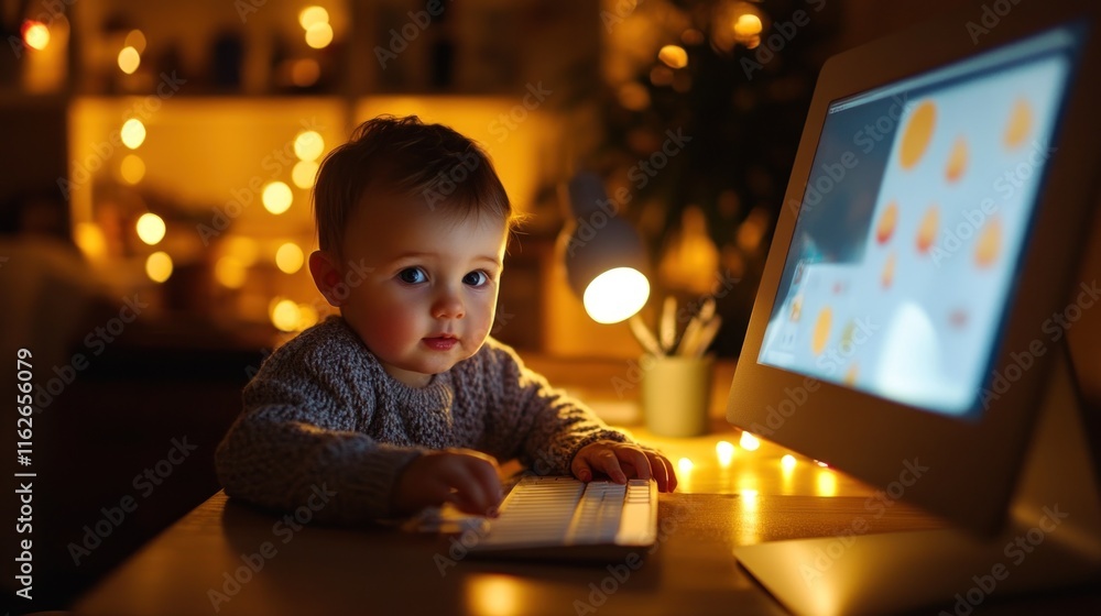 Poster a child interacts with a computer in a cozy, illuminated room filled with soft lights.