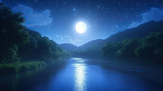 moon river glowing in soft blue under starlit sky, moon river reflecting silver light through a quiet midnight forest, moon river fine-art nightscape with dreamlike poetic tone