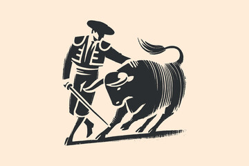Minimalistic hand drawn brush bullfighter and bull in primitive style