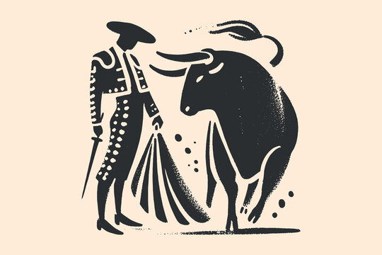 Minimalistic hand drawn brush bullfighter and bull in primitive style