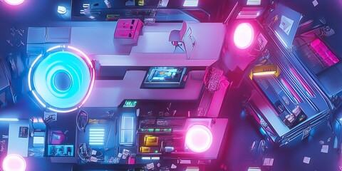 Abstract cyberpunk background. Futuristic neon lights illuminate complex technological components in a vibrant, digital landscape. Perfect for tech, gaming, and sci-fi projects.