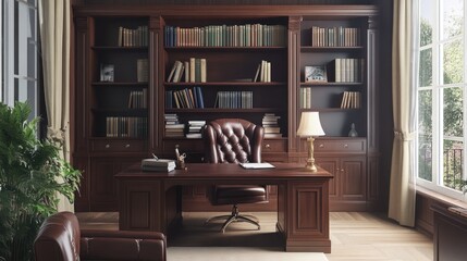 A classic office space featuring wooden furniture, bookshelves, and a cozy atmosphere.