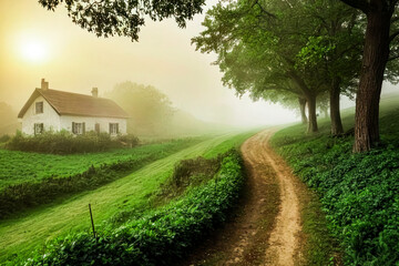 Obraz premium A Foggy Sunrise Over a Serene Village Landscape