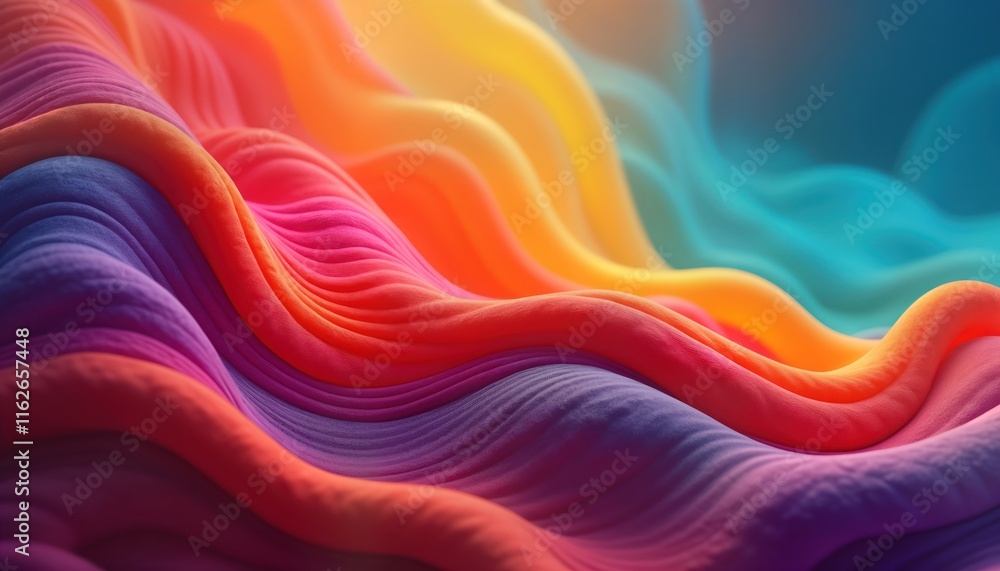 Poster Abstract illustration with vibrant colors. Fluid wavy patterns create dynamic motion effect. Colorful waves overlap, forming gradient pattern. Colors flow seamlessly. Vivid colors inspire feeling of