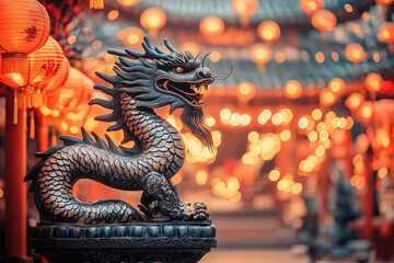 Fototapeta premium Statue of a dragon with glowing Chinese lanterns celebrating the Chinese New Year 2025, year of the Dragon, featuring golden lights and traditional festive decorations.
