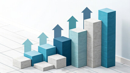 Obraz premium A series of growing 3D bar graphs in shades of blue and gray are accompanied by upward arrows indicating growth or development. The background has a minimalist tiled floor. AI generated.