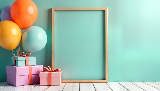 Colorful birthday photo frame template with gifts, balloons. Empty space for personalized message. Perfect for birthday cards, invitations greeting cards. Pastel colors create cheerful atmosphere for